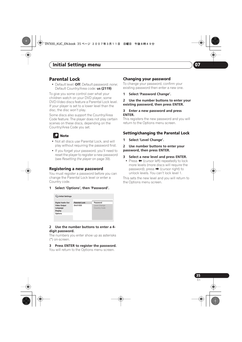 Parental lock, Initial settings menu 07 | Kodak DV-300-K User Manual | Page 35 / 43