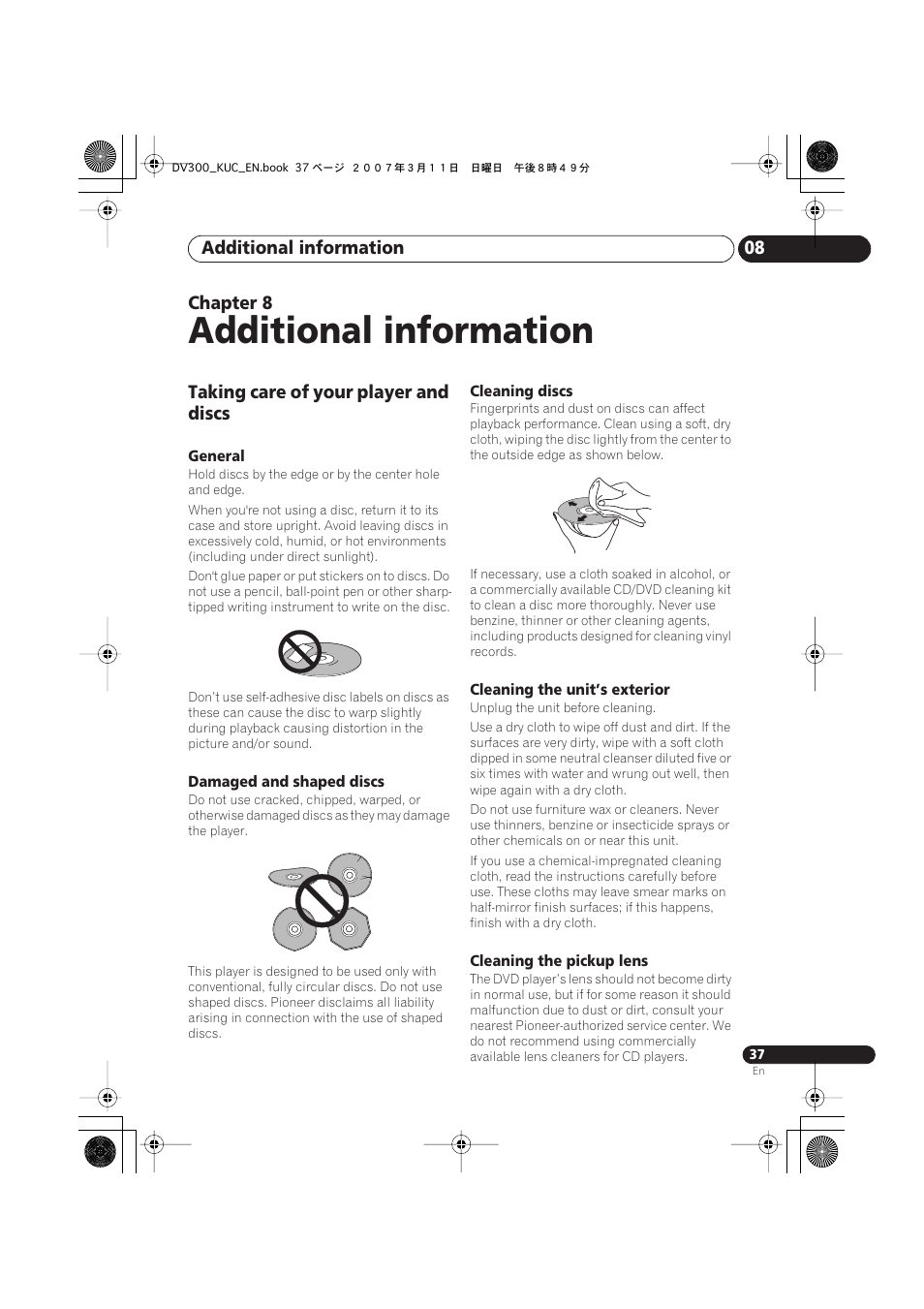08 additional information, Taking care of your player and discs, Additional information | Additional information 08, Chapter 8 | Kodak DV-300-K User Manual | Page 37 / 43