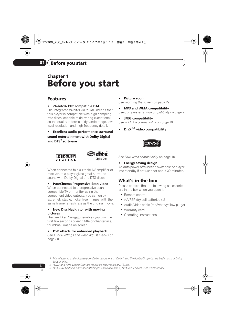 01 before you start, Features, What’s in the box | Before you start, Before you start 01, Chapter 1 | Kodak DV-300-K User Manual | Page 6 / 43