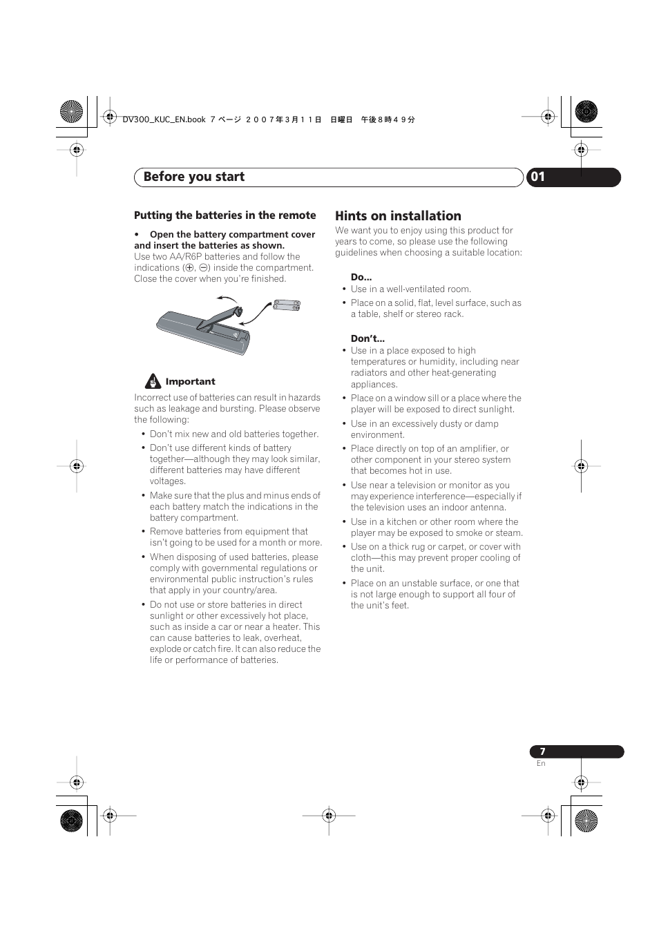 Hints on installation, Before you start 01 | Kodak DV-300-K User Manual | Page 7 / 43