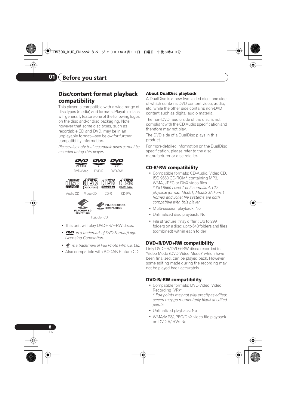 Disc/content format playback compatibility, Before you start 01 | Kodak DV-300-K User Manual | Page 8 / 43