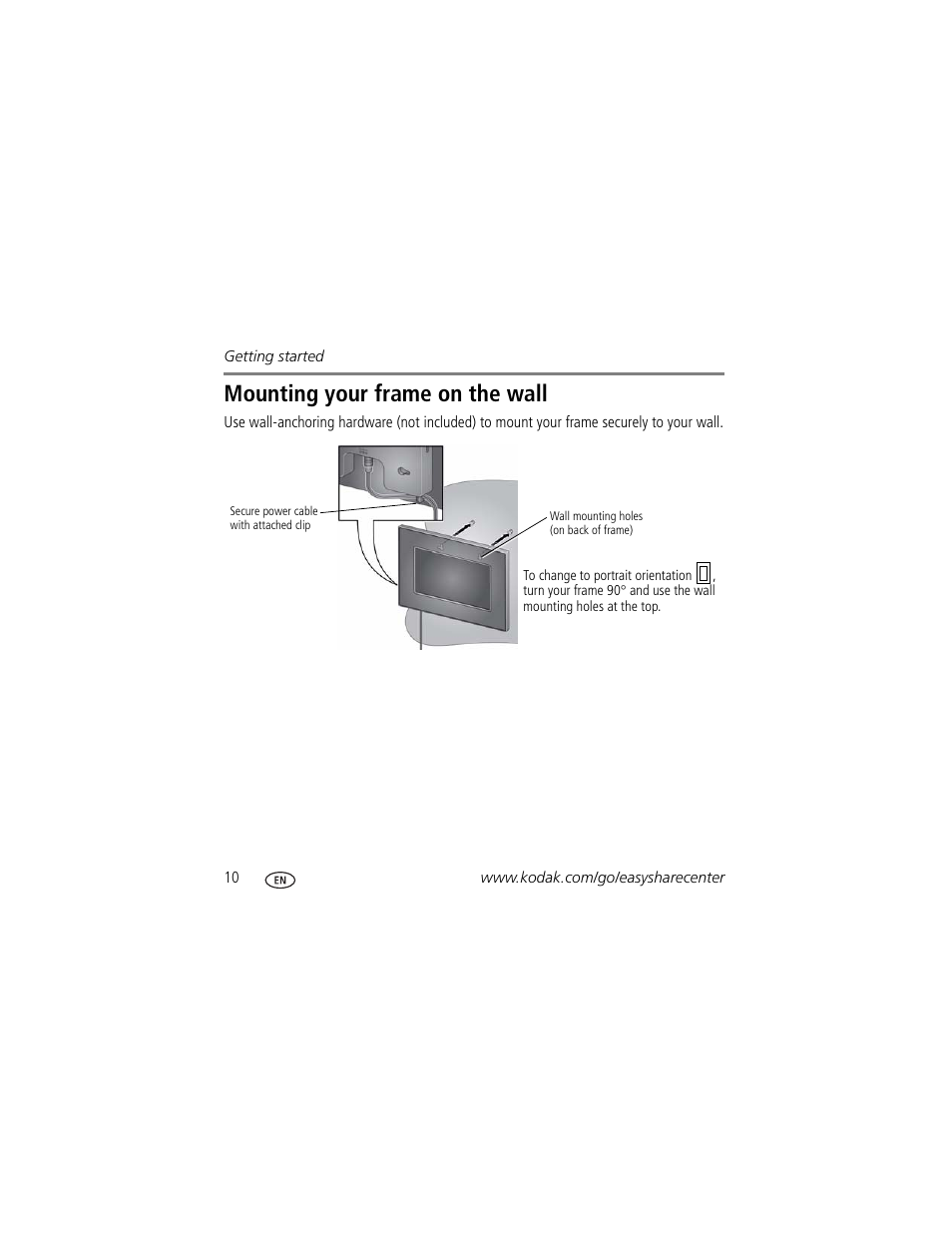 Mounting your frame on the wall | Kodak P725 User Manual | Page 10 / 27