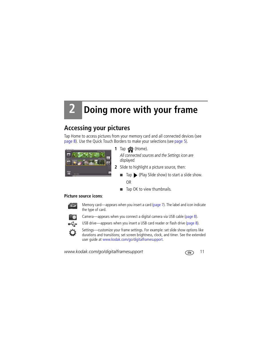 Doing more with your frame, Accessing your pictures | Kodak P725 User Manual | Page 11 / 27