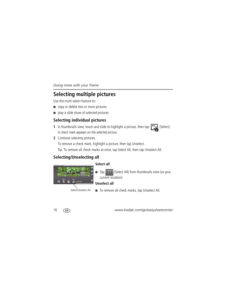 Selecting multiple pictures | Kodak P725 User Manual | Page 16 / 27