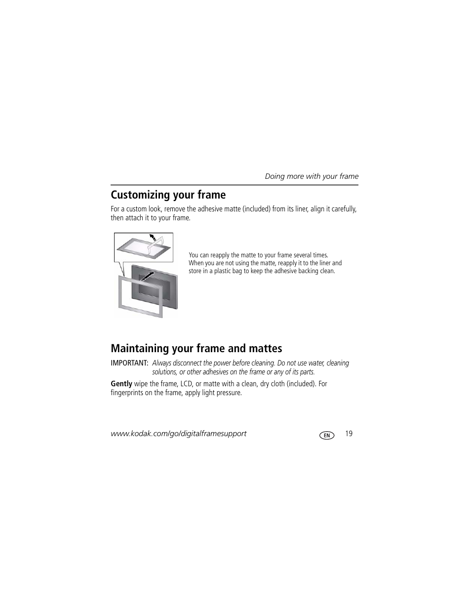 Customizing your frame, Maintaining your frame and mattes | Kodak P725 User Manual | Page 19 / 27