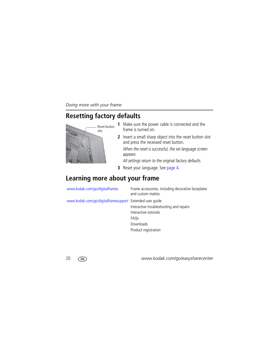 Resetting factory defaults, Learning more about your frame | Kodak P725 User Manual | Page 20 / 27