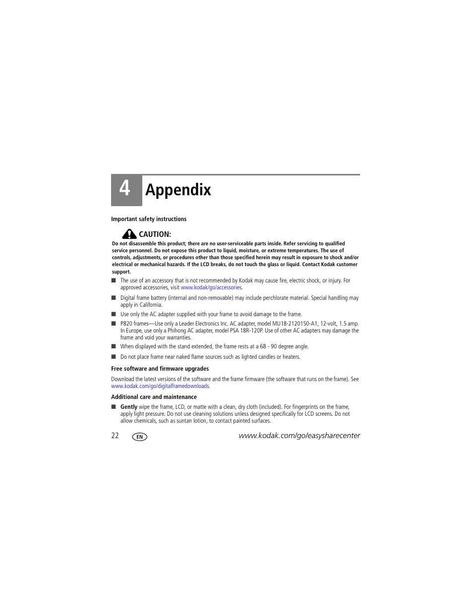 Appendix | Kodak P725 User Manual | Page 22 / 27