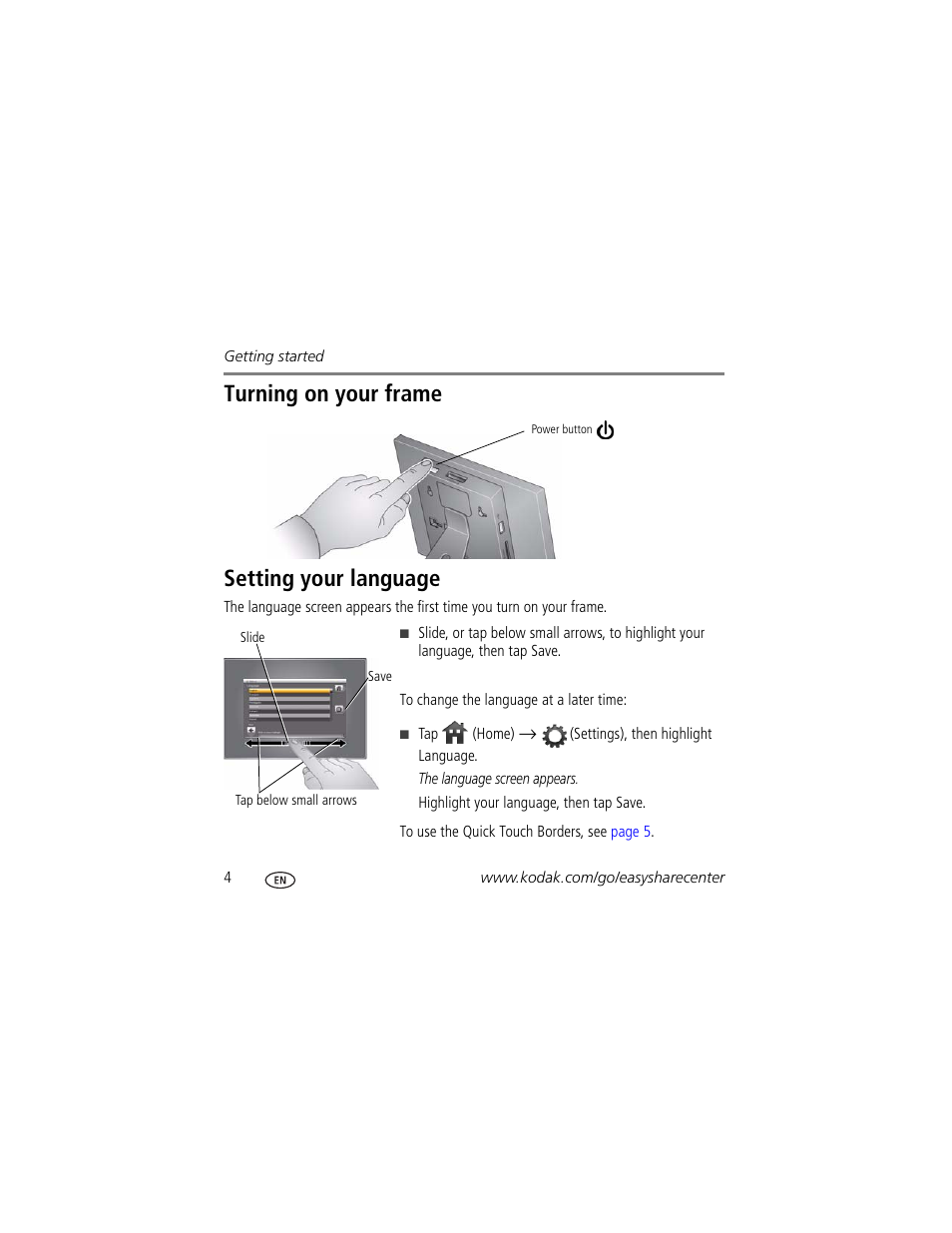 Turning on your frame setting your language | Kodak P725 User Manual | Page 4 / 27