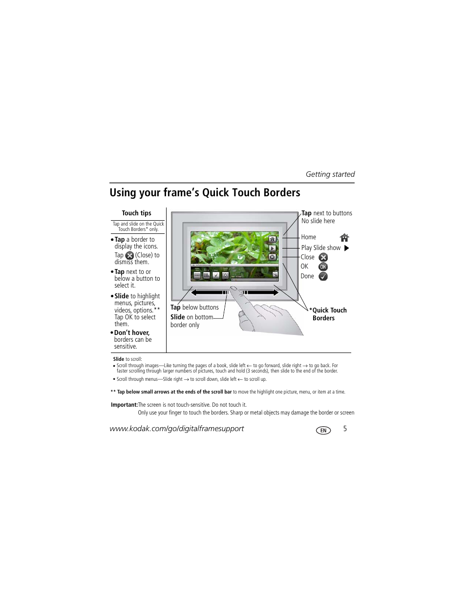 Using your frame’s quick touch borders | Kodak P725 User Manual | Page 5 / 27