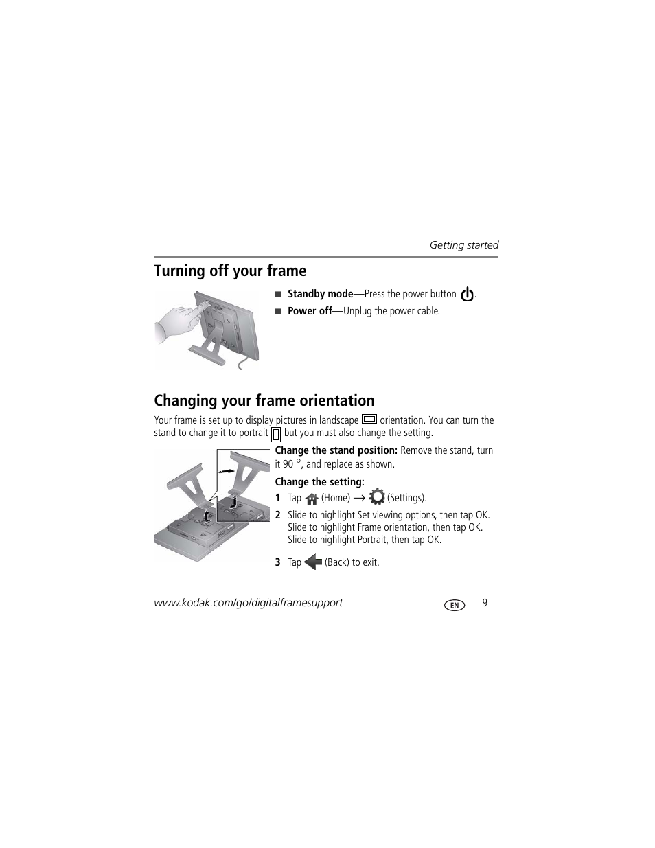 Turning off your frame, Changing your frame orientation | Kodak P725 User Manual | Page 9 / 27