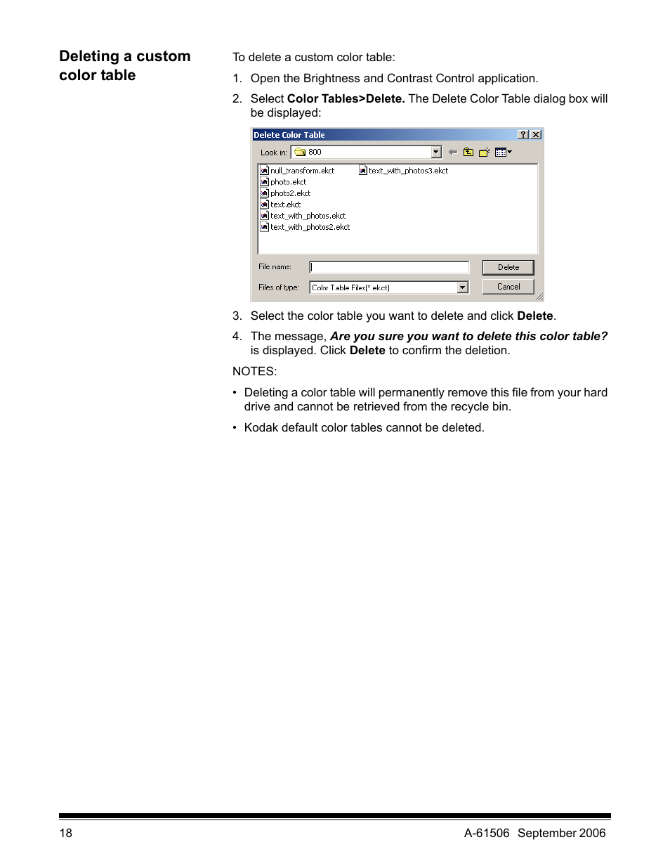 Deleting a custom color table | Kodak INNOVATION A-61506 User Manual | Page 19 / 26