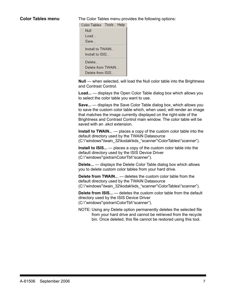 Color tables menu | Kodak INNOVATION A-61506 User Manual | Page 8 / 26