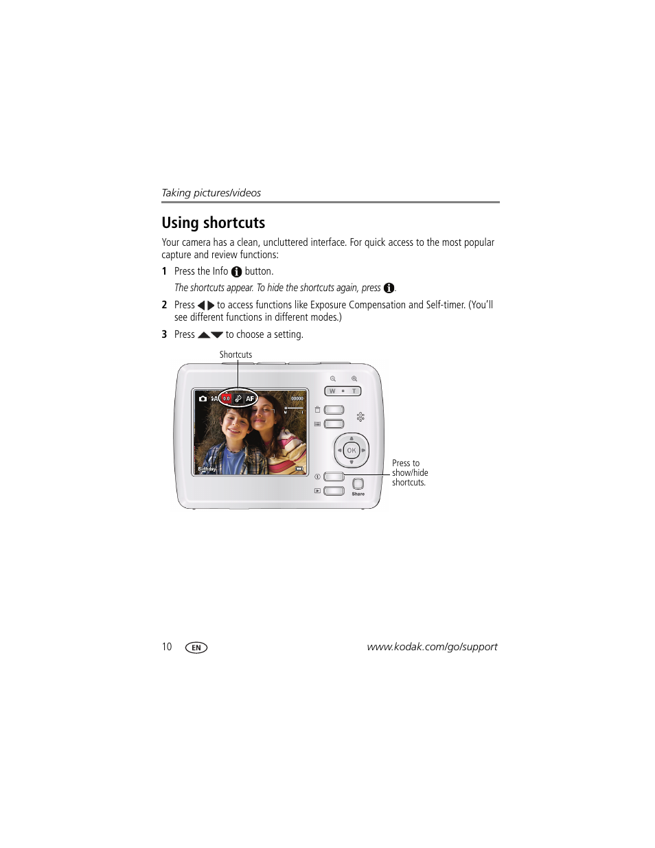 Using shortcuts | Kodak EasyShare CD22 User Manual | Page 16 / 58