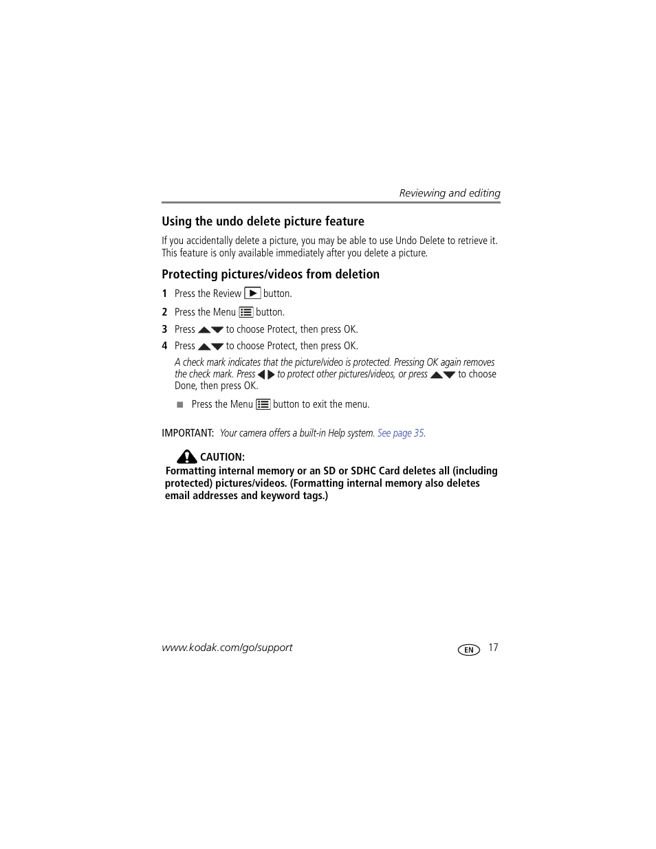Using the undo delete picture feature, Protecting pictures/videos from deletion, Ng. (see | Kodak EasyShare CD22 User Manual | Page 23 / 58