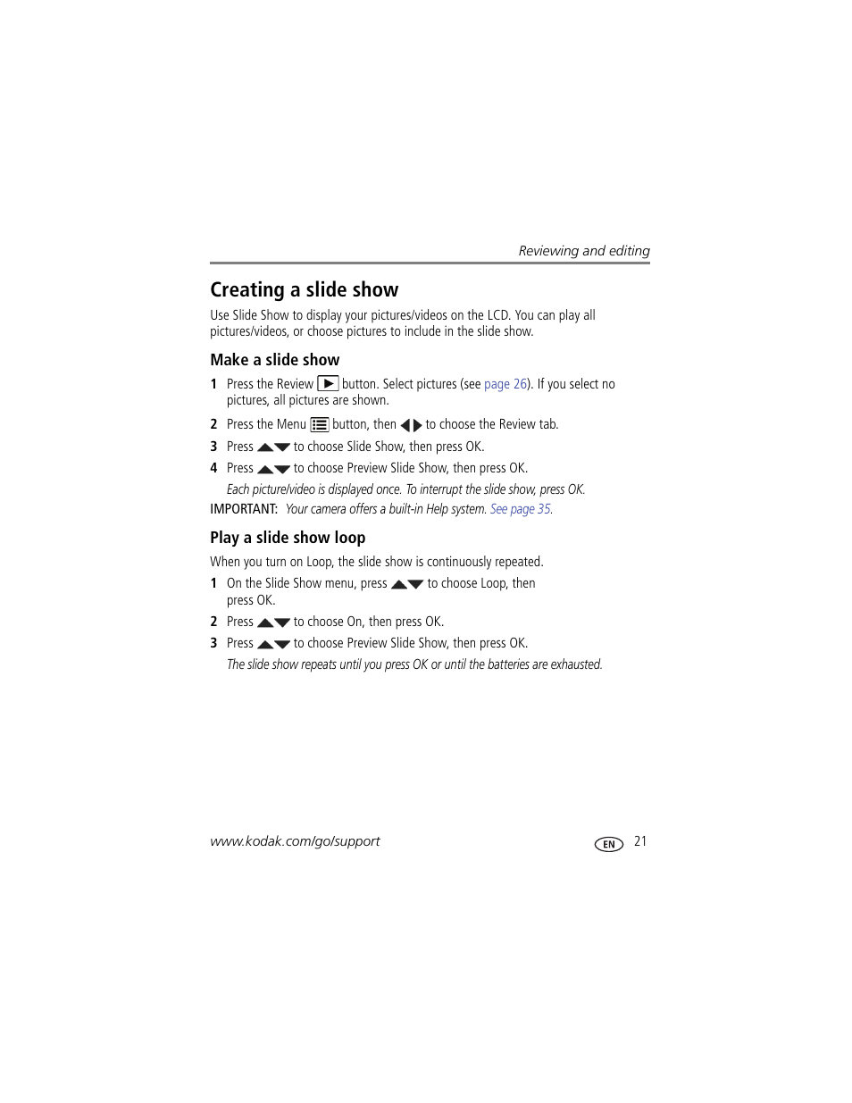 Creating a slide show, Make a slide show, Play a slide show loop | Kodak EasyShare CD22 User Manual | Page 27 / 58
