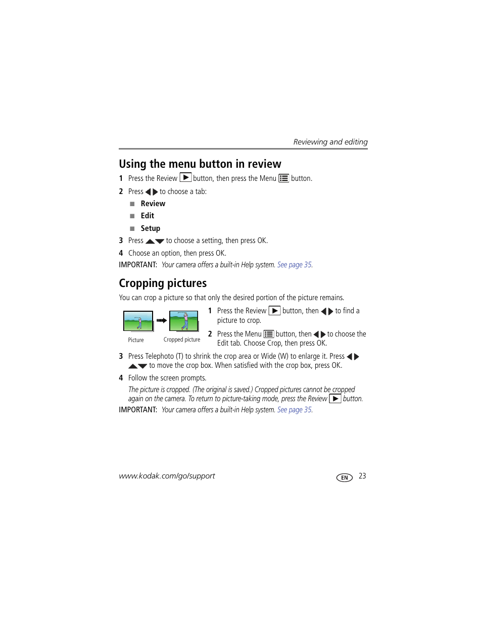 Using the menu button in review, Cropping pictures | Kodak EasyShare CD22 User Manual | Page 29 / 58