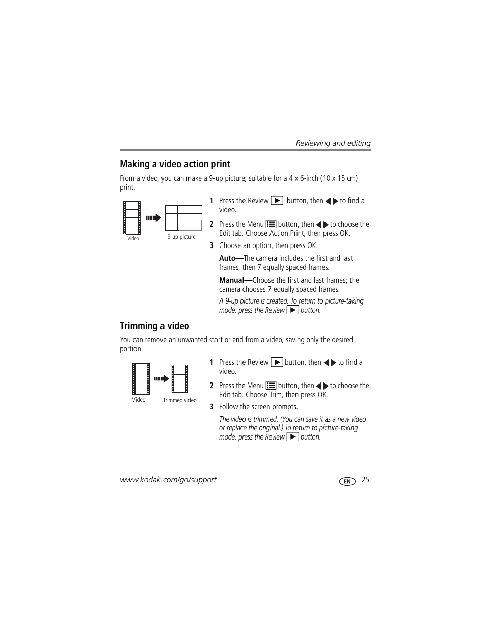 Making a video action print, Trimming a video | Kodak EasyShare CD22 User Manual | Page 31 / 58