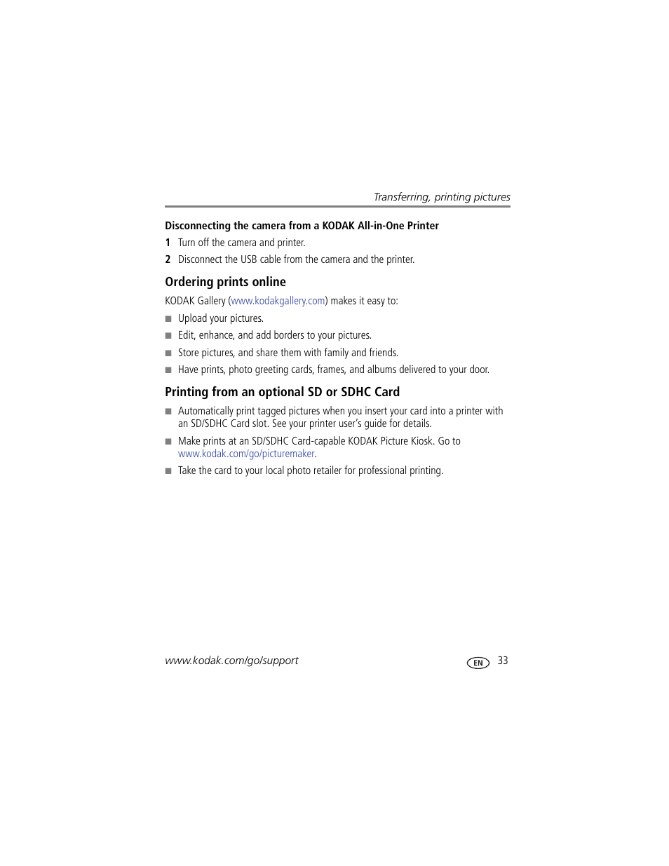 Ordering prints online, Printing from an optional sd or sdhc card | Kodak EasyShare CD22 User Manual | Page 39 / 58