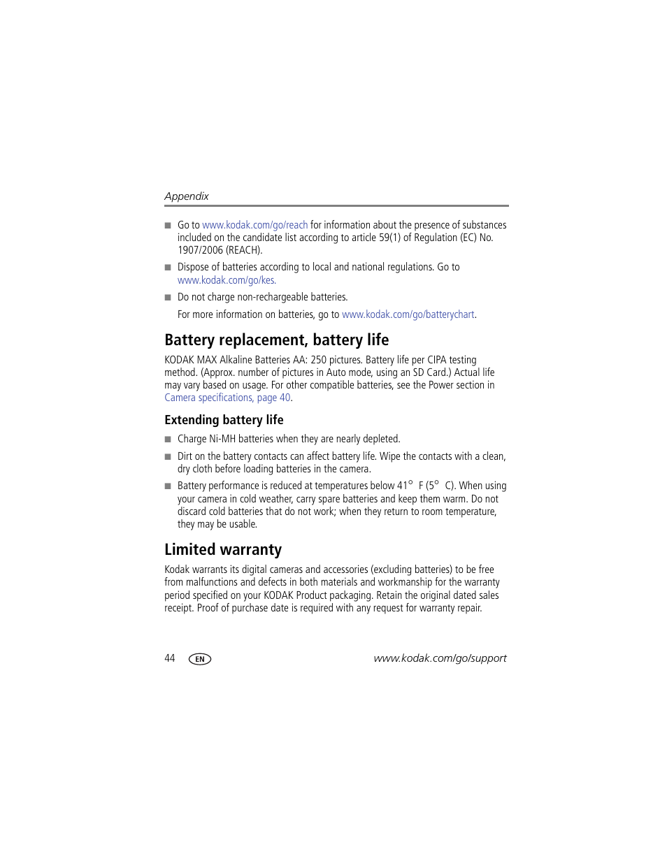 Battery replacement, battery life, Extending battery life, Limited warranty | Battery replacement, battery life limited warranty, Alled | Kodak EasyShare CD22 User Manual | Page 50 / 58