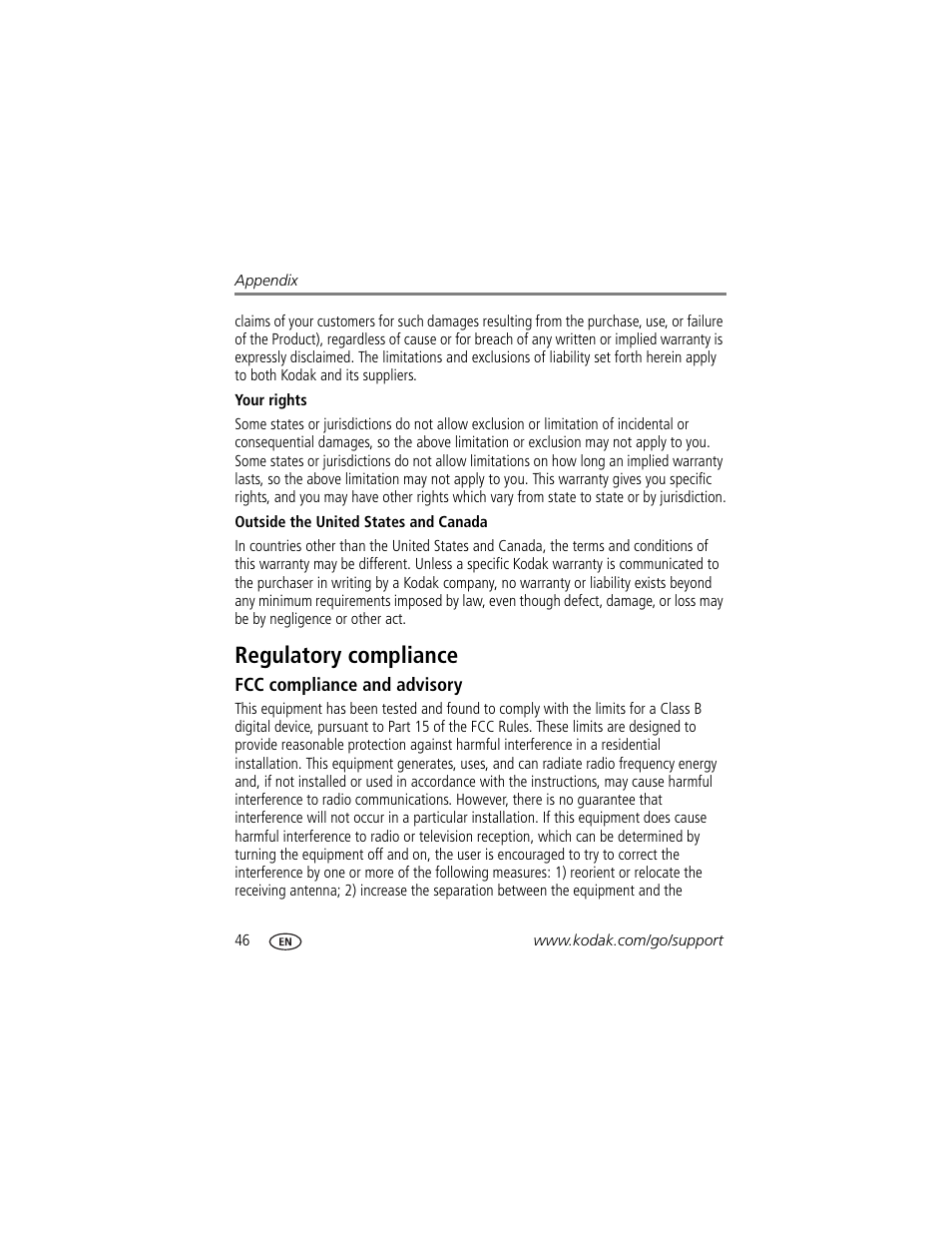 Regulatory compliance, Fcc compliance and advisory | Kodak EasyShare CD22 User Manual | Page 52 / 58