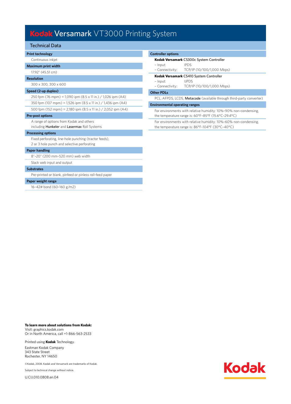 Versamark vt3000 printing system, Technical data | Kodak VERSAMARK VT3000 User Manual | Page 2 / 2