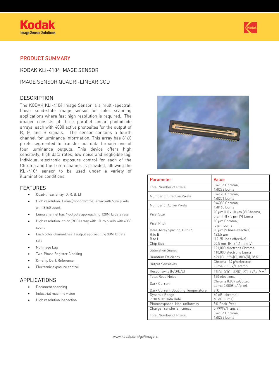 Kodak IMAGE SENSOR QUADRI-LINEAR CCD KLI-4104 User Manual | 2 pages