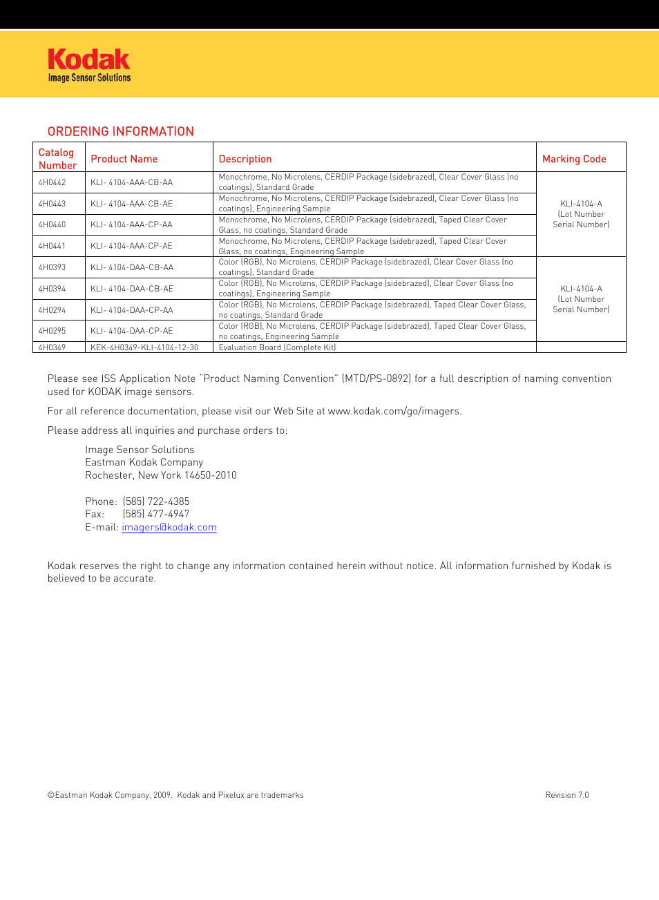 Ordering information | Kodak IMAGE SENSOR QUADRI-LINEAR CCD KLI-4104 User Manual | Page 2 / 2