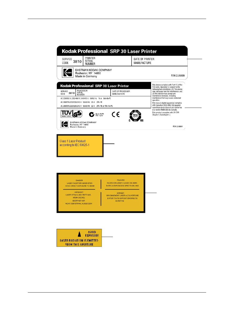 Certification labels, Non-interlocked panel label, Aperture label | Kodak SRP 30 User Manual | Page 9 / 310