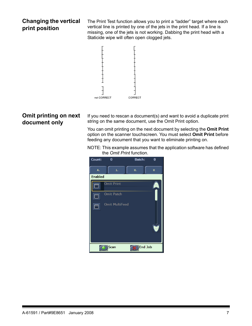 Changing the vertical print position, Omit printing on next document only | Kodak A-61597 User Manual | Page 9 / 21