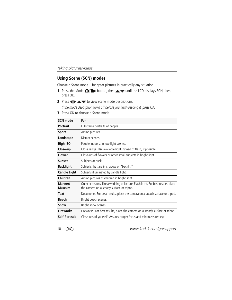 Using scene (scn) modes | Kodak C443 User Manual | Page 16 / 65