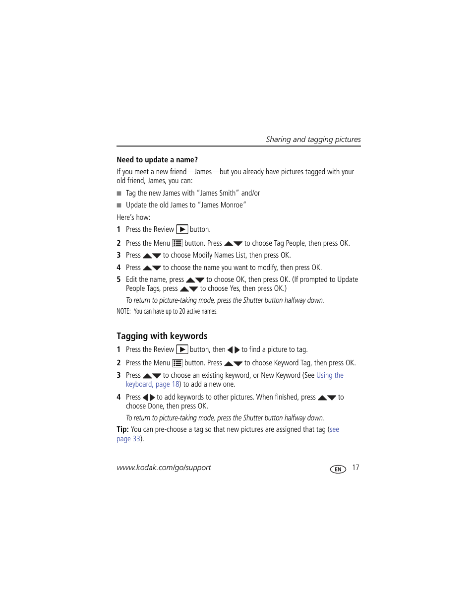 Need to update a name, Tagging with keywords | Kodak C443 User Manual | Page 23 / 65