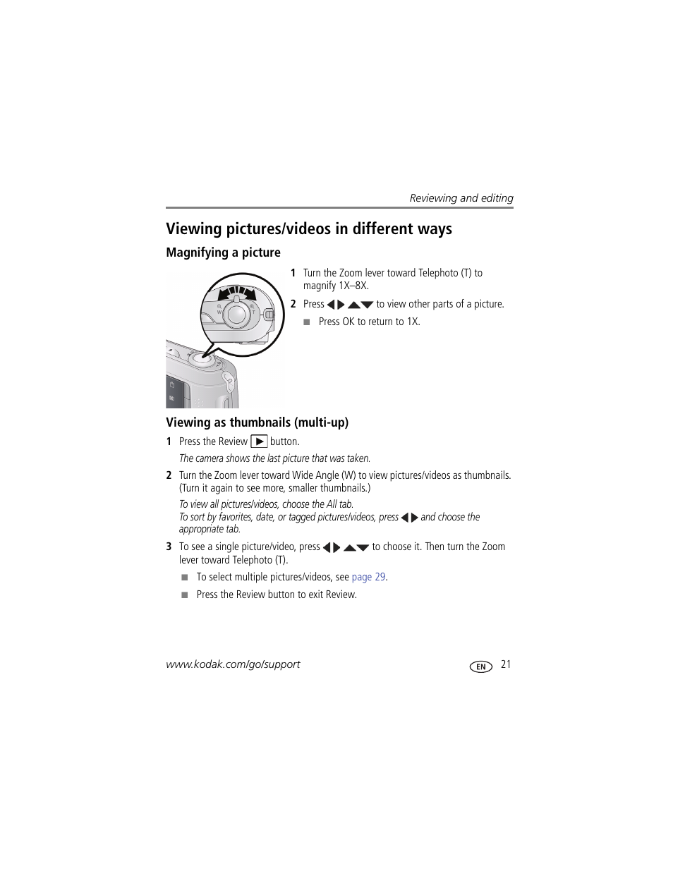 Viewing pictures/videos in different ways, Magnifying a picture, Viewing as thumbnails (multi-up) | Kodak C443 User Manual | Page 27 / 65