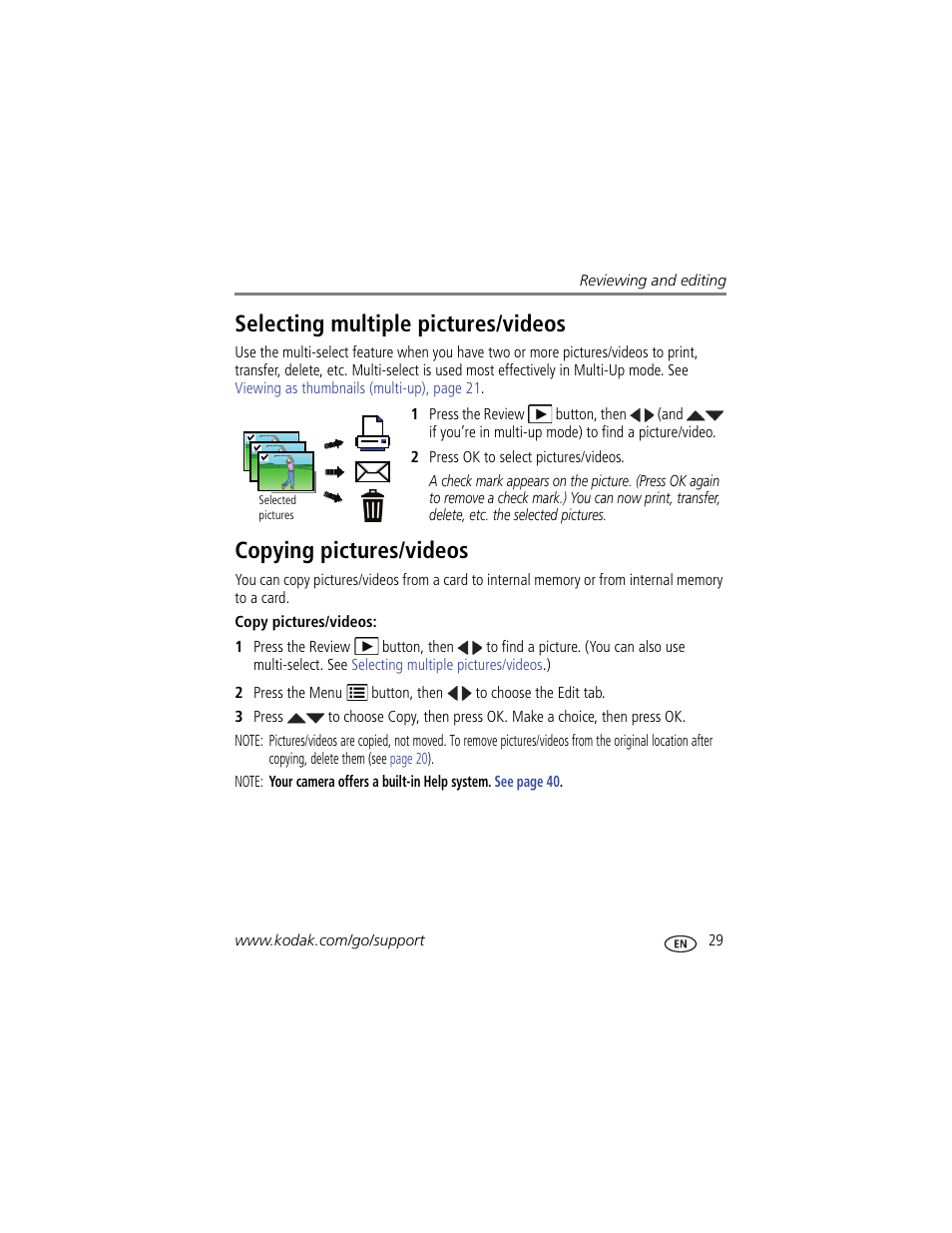 Selecting multiple pictures/videos, Copying pictures/videos, Lect pictures (see | Kodak C443 User Manual | Page 35 / 65