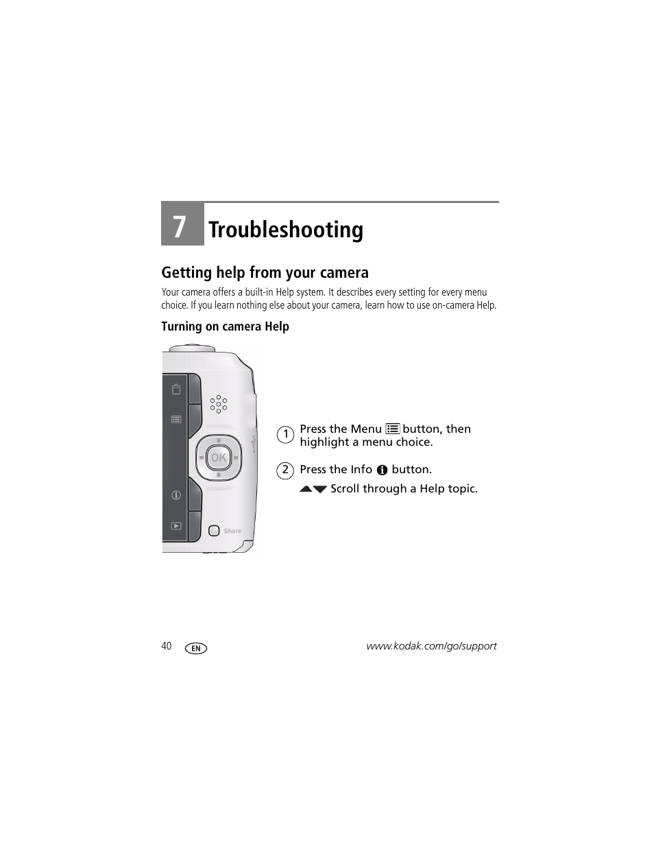 Troubleshooting, Getting help from your camera, Turning on camera help | 7 troubleshooting | Kodak C443 User Manual | Page 46 / 65