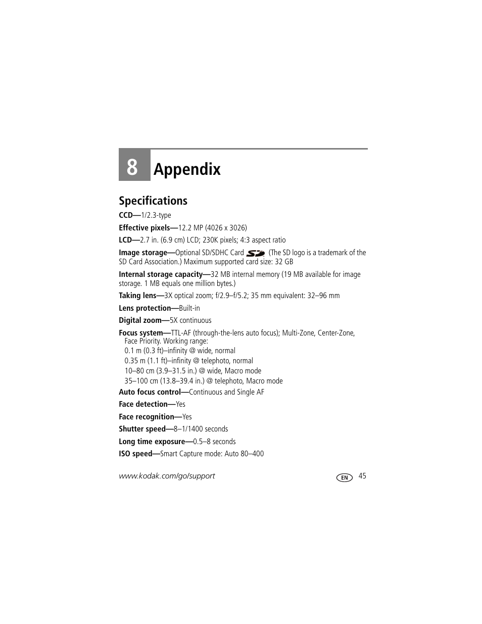 Appendix, Specifications, 8 appendix | Kodak C443 User Manual | Page 51 / 65