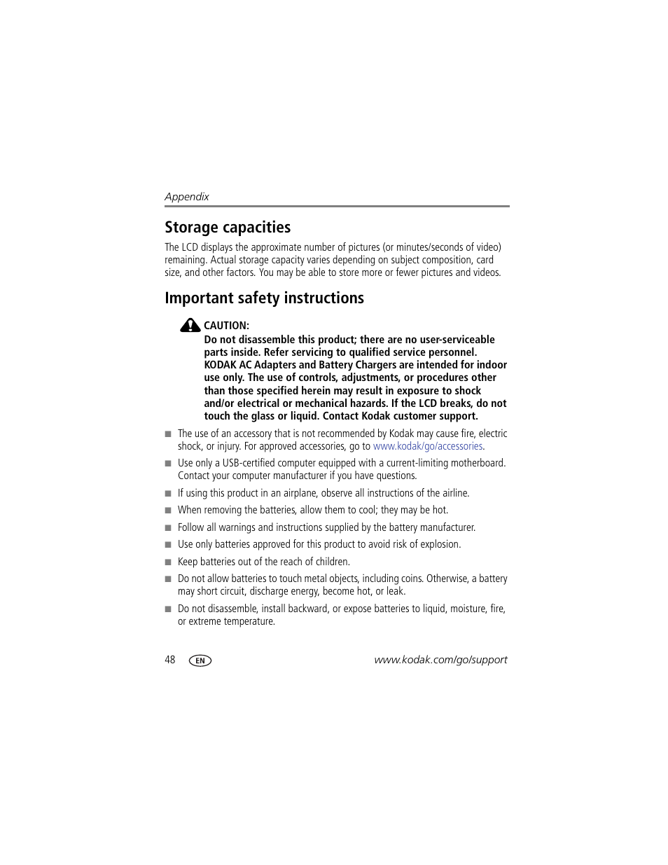 Storage capacities, Important safety instructions, Storage capacities important safety instructions | Kodak C443 User Manual | Page 54 / 65