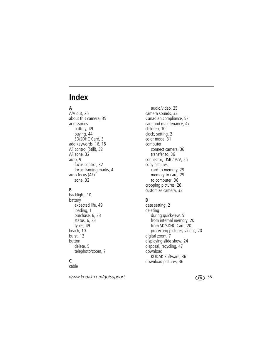 Index | Kodak C443 User Manual | Page 61 / 65