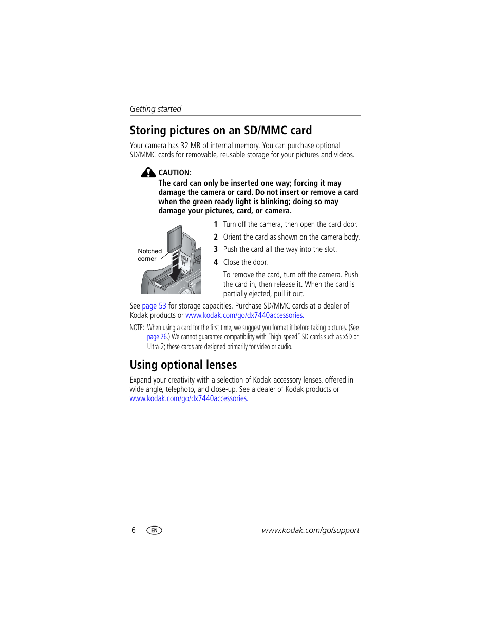 Storing pictures on an sd/mmc card, Using optional lenses | Kodak DX7440 User Manual | Page 12 / 67