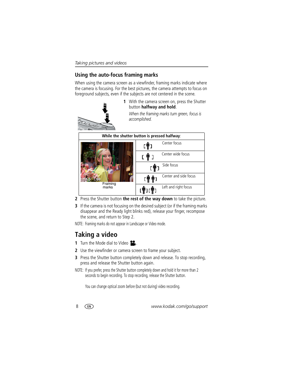 Using the auto-focus framing marks, Taking a video | Kodak DX7440 User Manual | Page 14 / 67