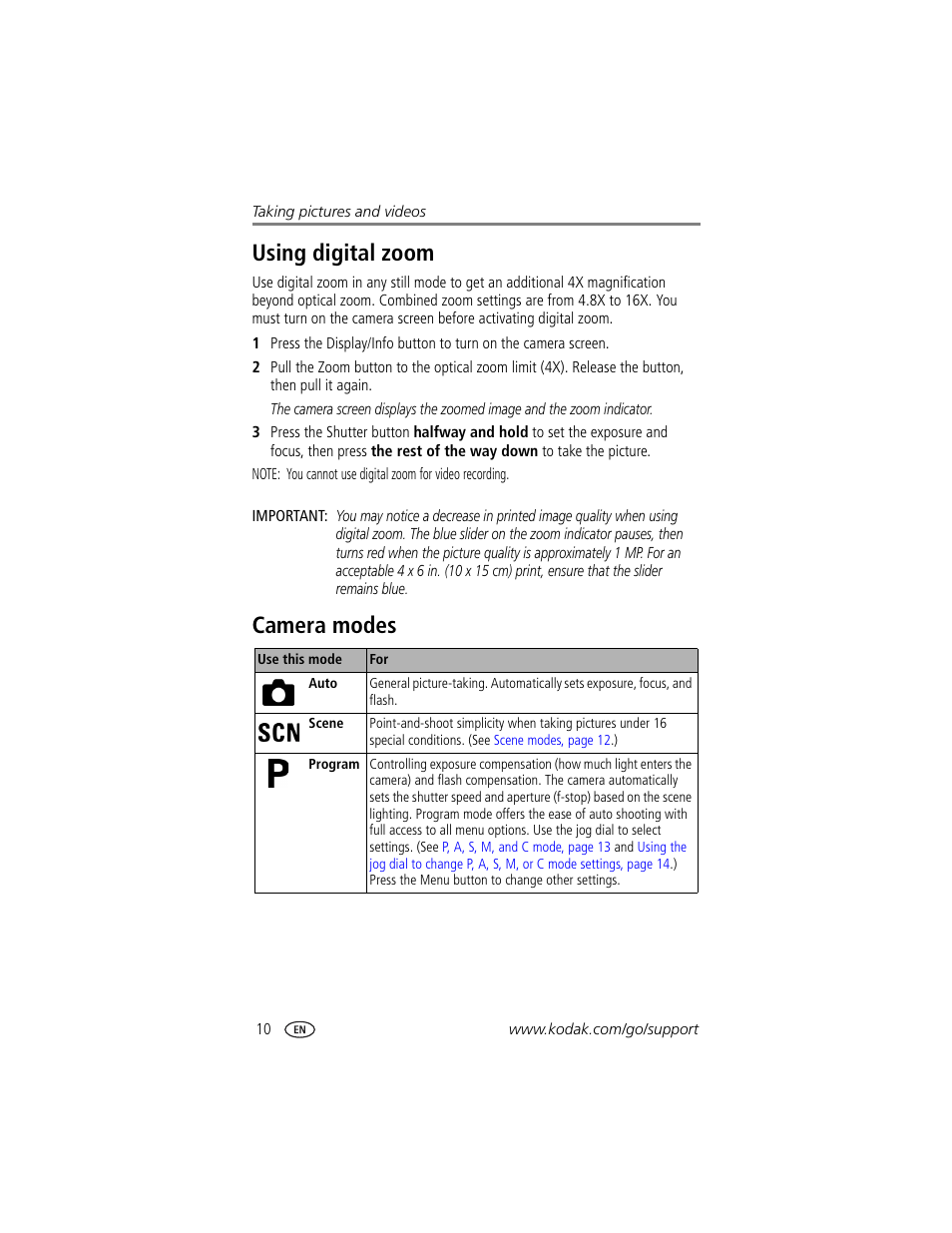 Using digital zoom, Camera modes, Using digital zoom camera modes | For other mode | Kodak DX7440 User Manual | Page 16 / 67