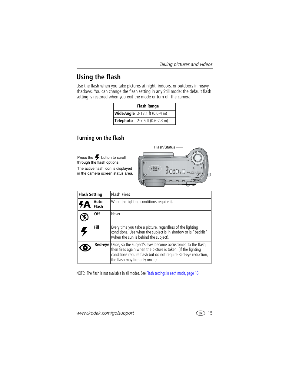 Using the flash, Turning on the flash | Kodak DX7440 User Manual | Page 21 / 67