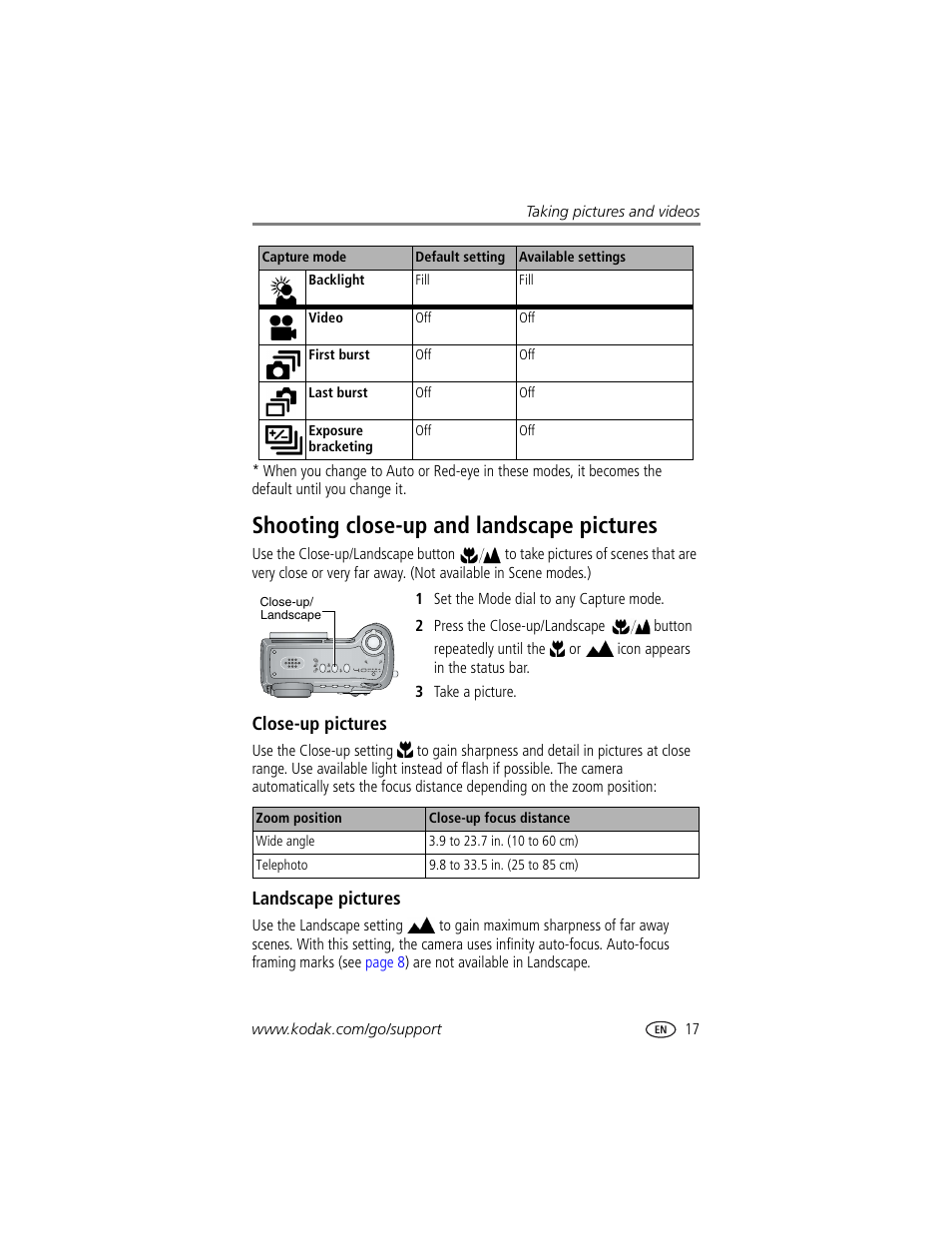 Shooting close-up and landscape pictures, Close-up pictures, Landscape pictures | Kodak DX7440 User Manual | Page 23 / 67