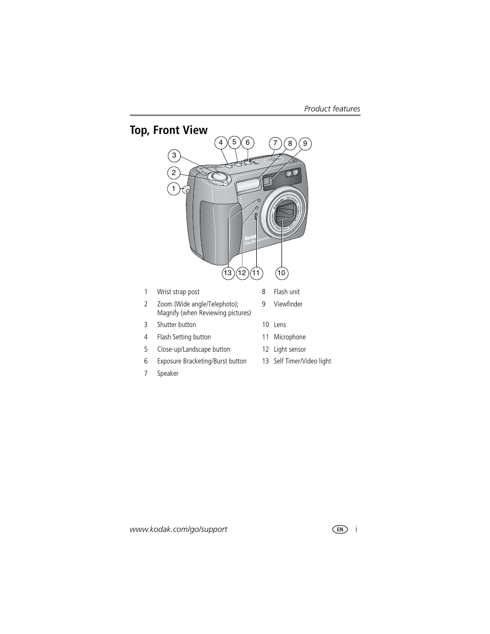 Product features, Top, front view | Kodak DX7440 User Manual | Page 3 / 67