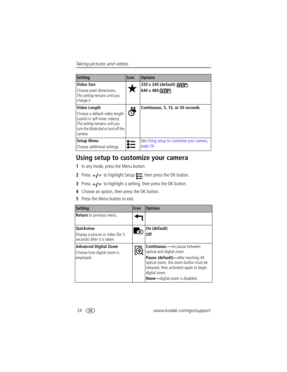 Using setup to customize your camera | Kodak DX7440 User Manual | Page 30 / 67