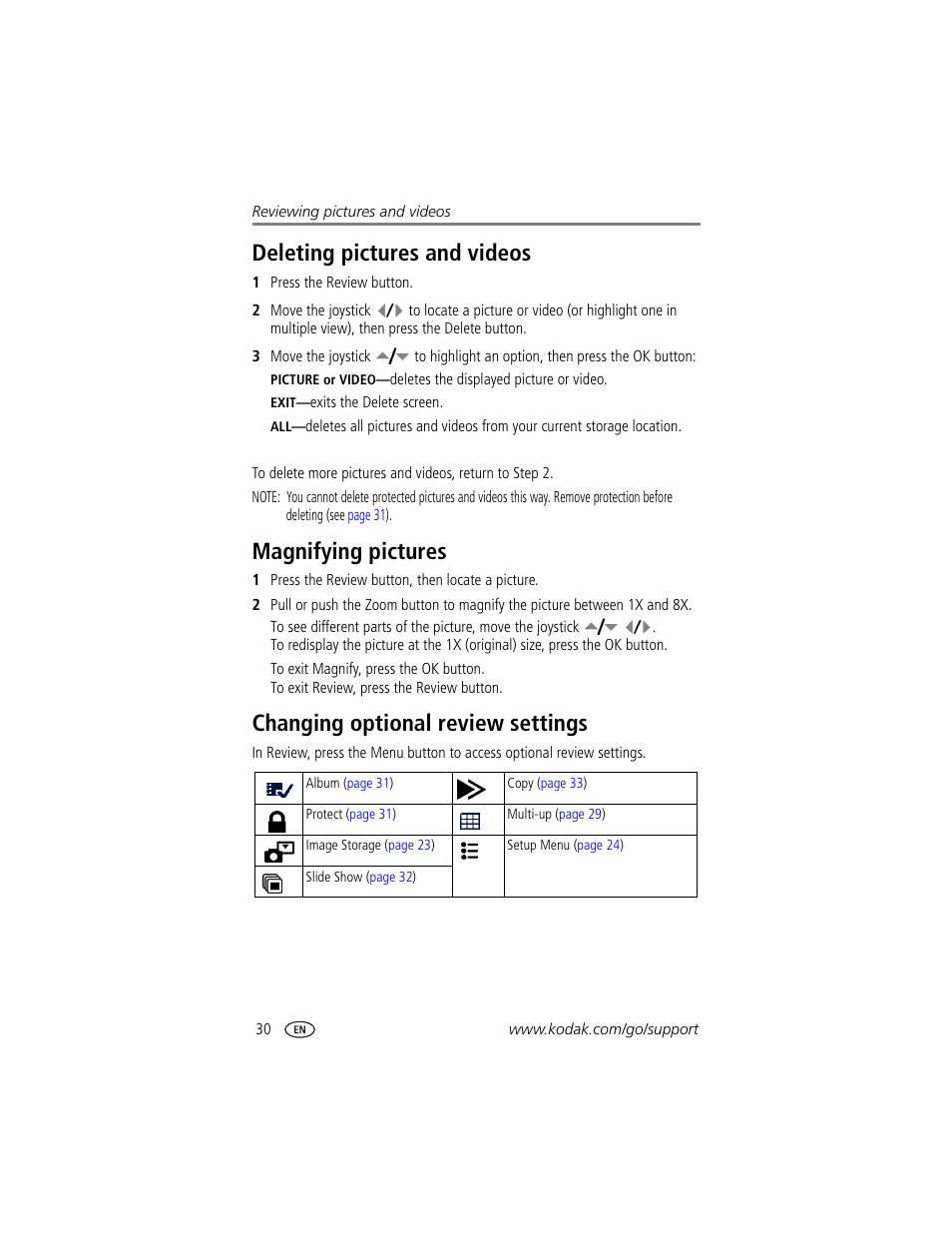 Deleting pictures and videos, Magnifying pictures, Changing optional review settings | Kodak DX7440 User Manual | Page 36 / 67