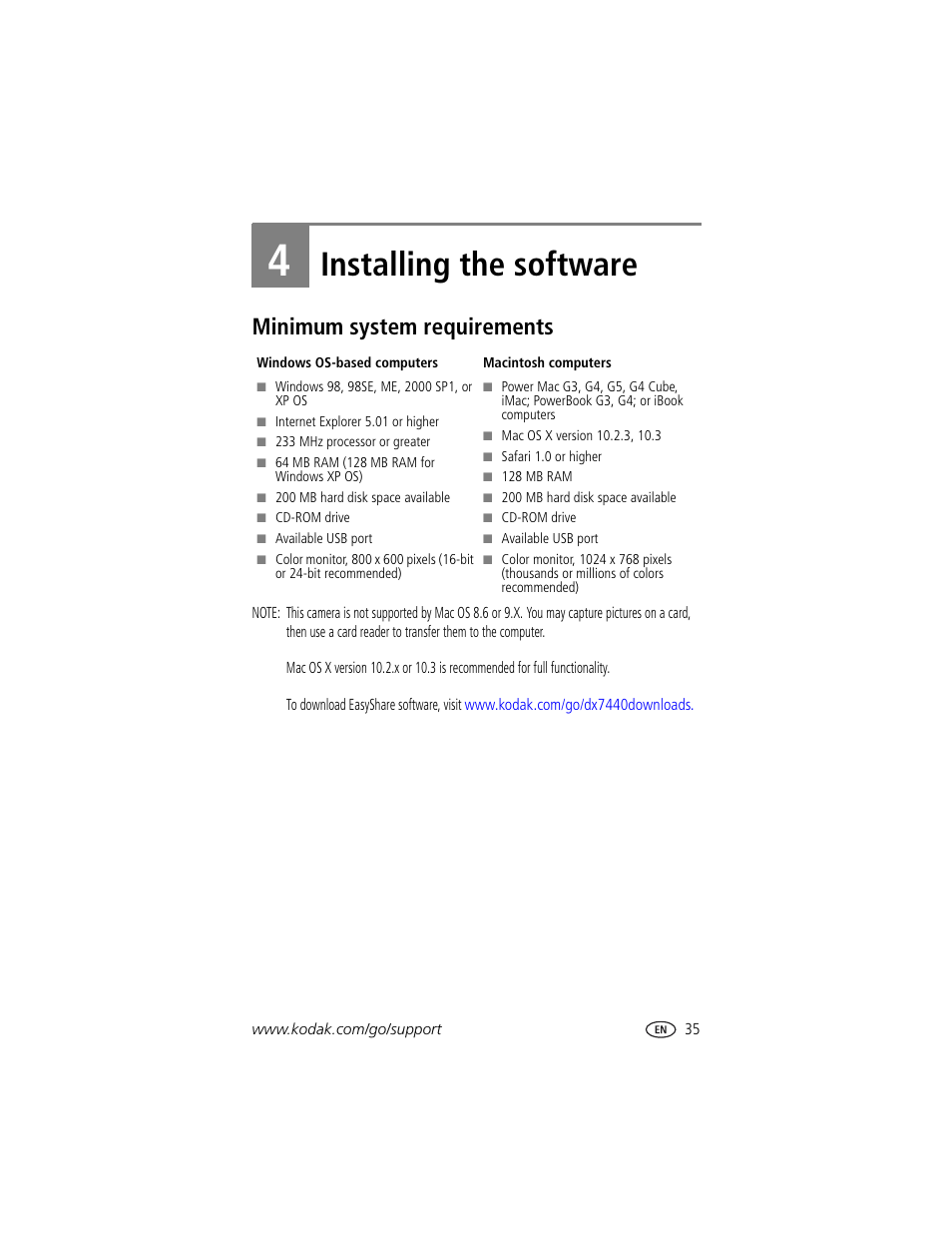 Installing the software, Minimum system requirements, 4 installing the software | Kodak DX7440 User Manual | Page 41 / 67