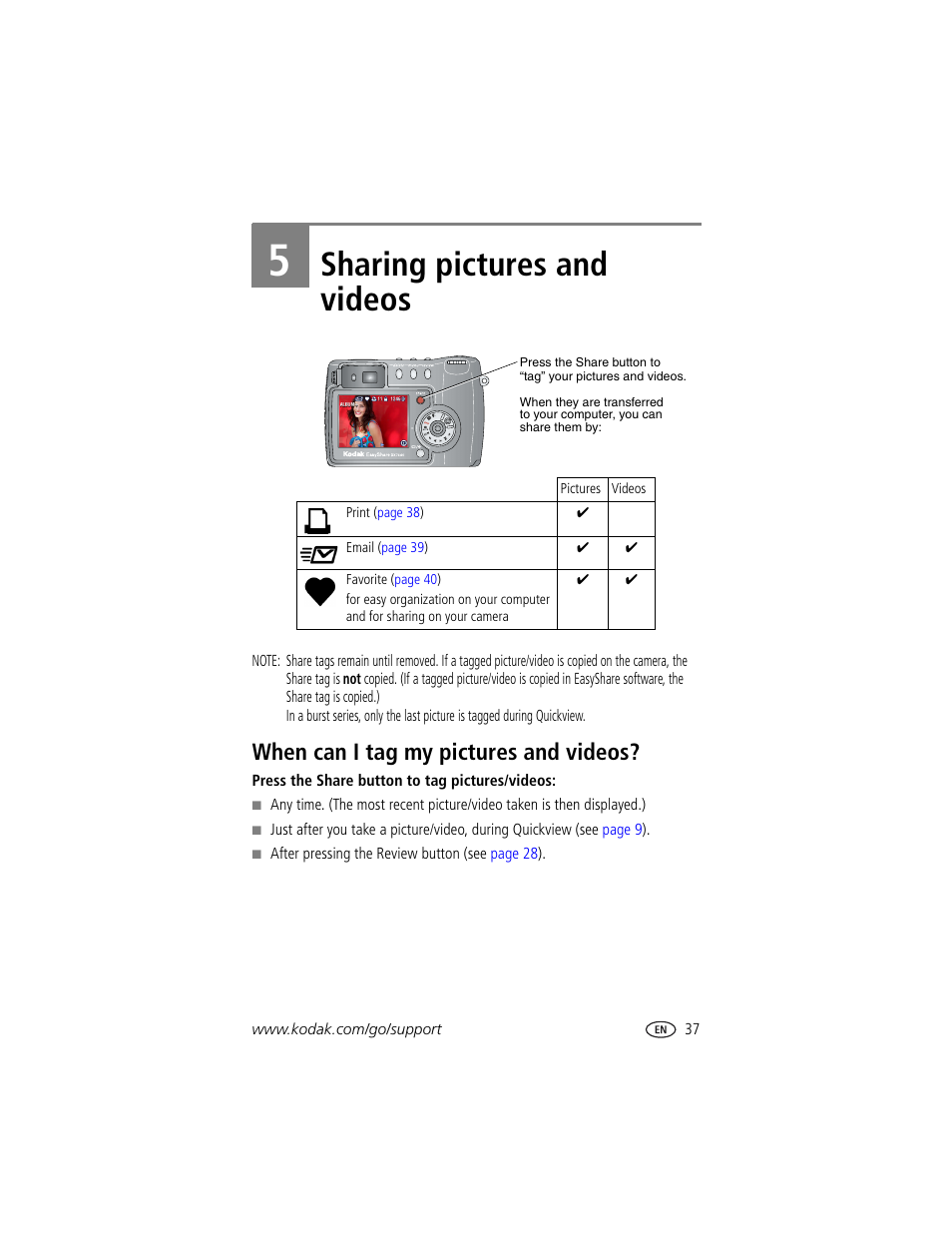 Sharing pictures and videos, When can i tag my pictures and videos, 5 sharing pictures and videos | Kodak DX7440 User Manual | Page 43 / 67