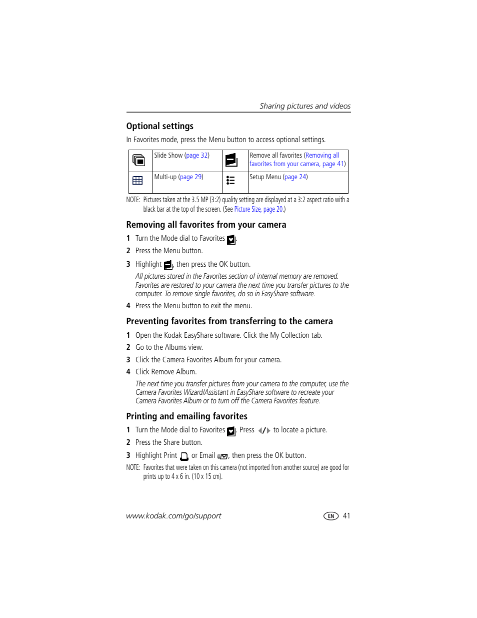 Optional settings, Removing all favorites from your camera, Printing and emailing favorites | Kodak DX7440 User Manual | Page 47 / 67