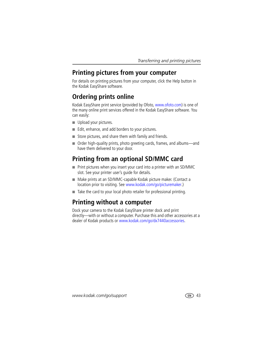 Printing pictures from your computer, Ordering prints online, Printing from an optional sd/mmc card | Printing without a computer | Kodak DX7440 User Manual | Page 49 / 67