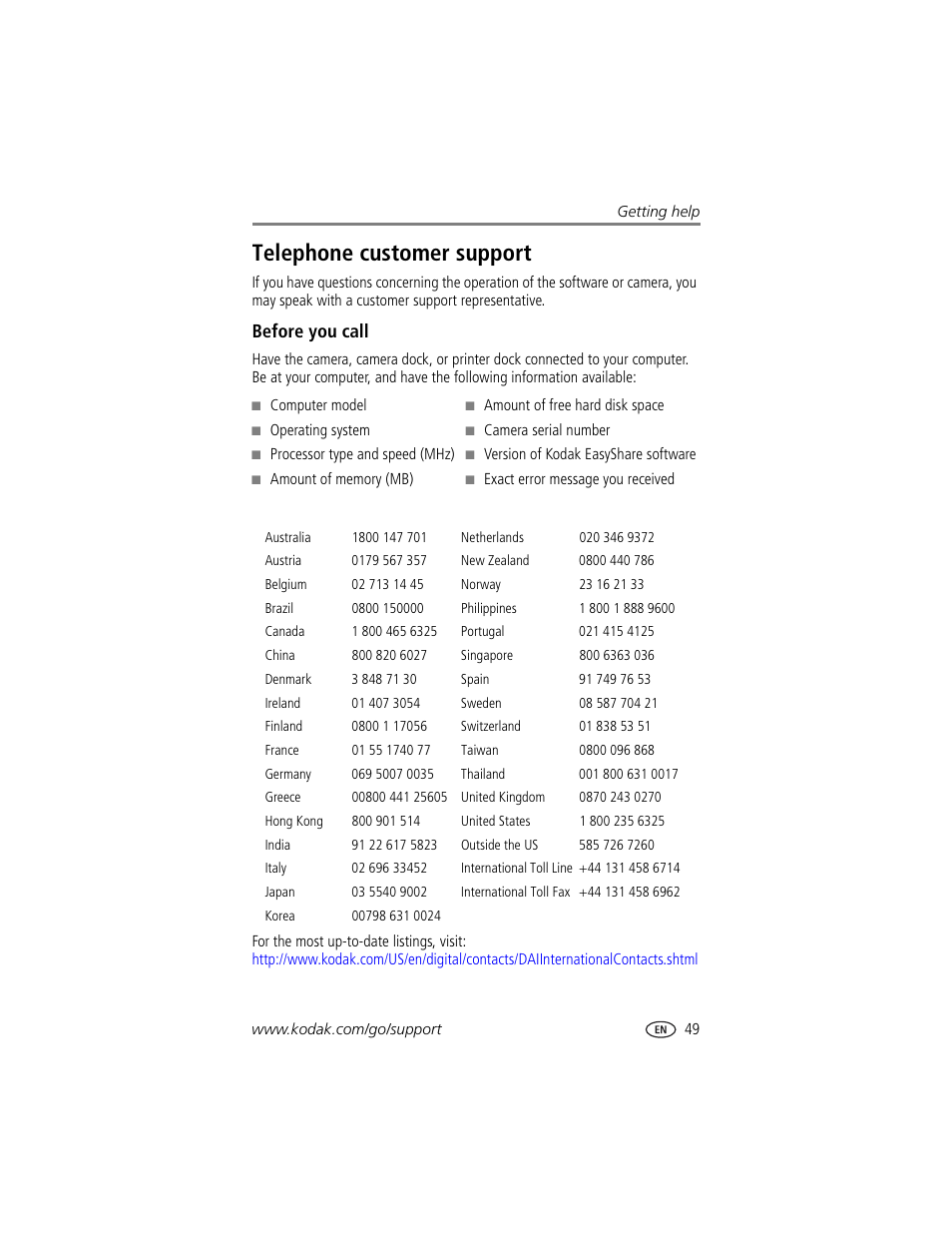 Telephone customer support, Before you call | Kodak DX7440 User Manual | Page 55 / 67